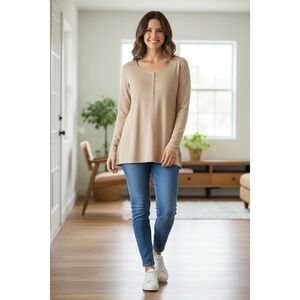 Glenfield Italian Knitwear Henley Top Tan Beige Viscose Blend Long Sleeve Italy